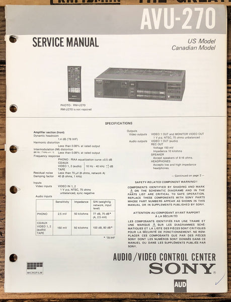 Sony AVU-270 AV Control Center  Service Manual *Original*