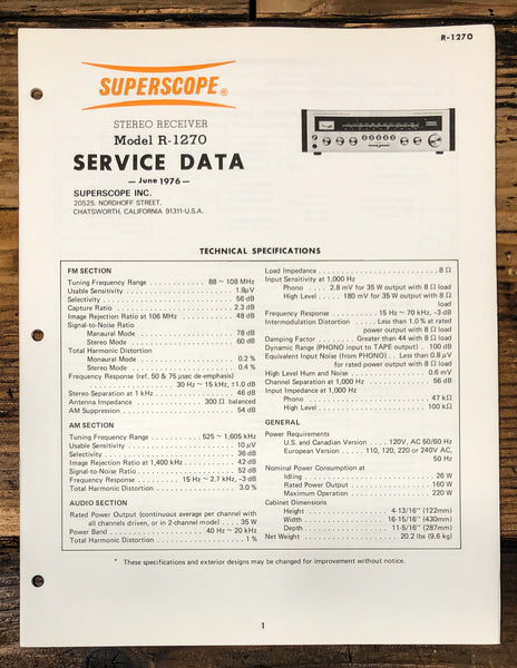Superscope R-1270 Receiver Service Manual *Original*