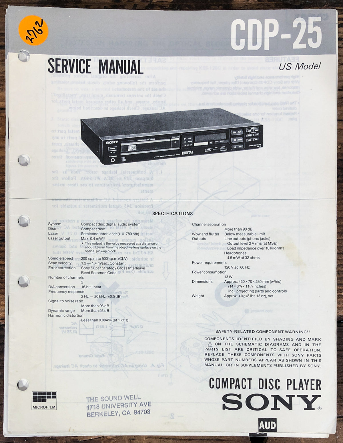 Sony CDP-25 CD Player  Service Manual *Original*