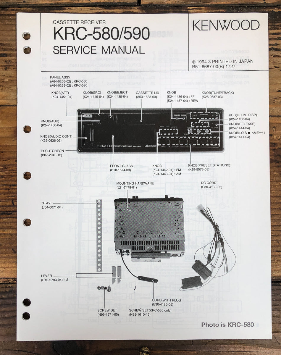 Kenwood KRC-580 KRC-590 Cassette Radio Service Manual *Original*