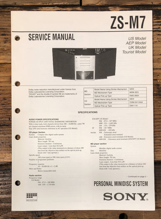 Sony ZS-M7 MiniDisc System Service Manual *Original*