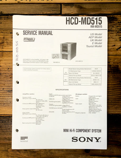 Sony HCD-MD515 MD Stereo  Service Manual *Original*