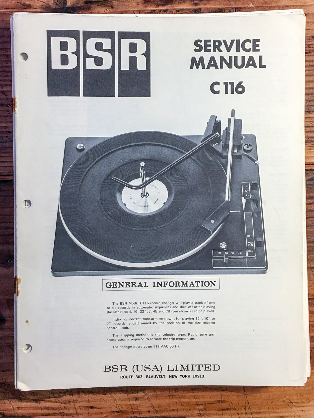 BSR / McDonald Model C116 C-116 Record Player  Service Manual *Original*