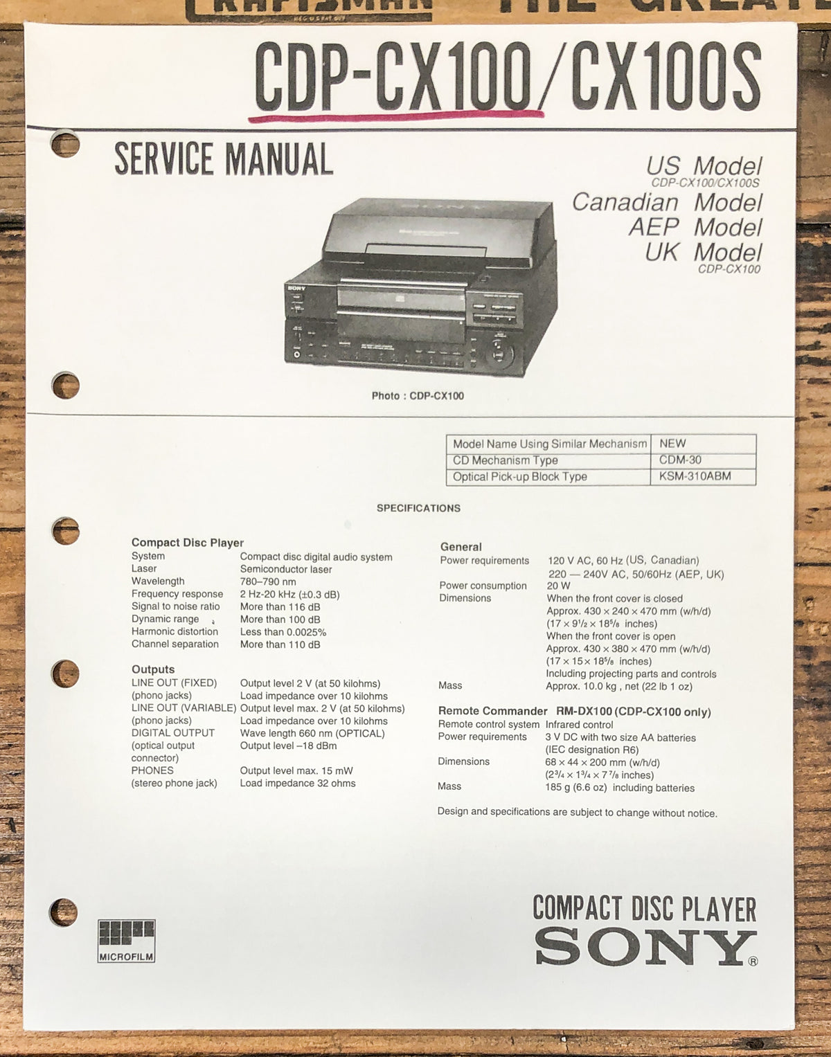 Sony CDP-CX100 CDP-CX100S CD Player  Service Manual *Original*