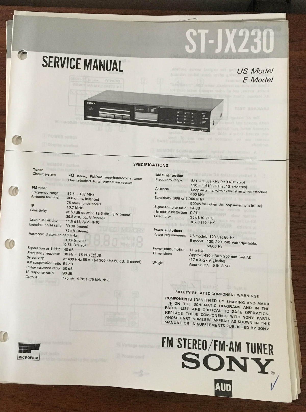 Sony ST-JX230 Tuner Service Manual *Original*