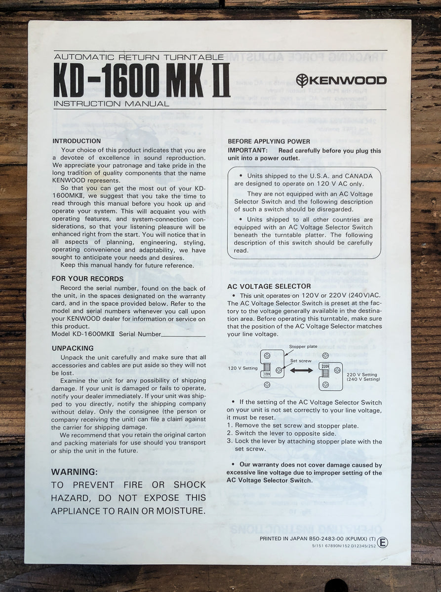 Kenwood KD-1600 MK2 Record Player / Turntable Owners / User Manual *Original*