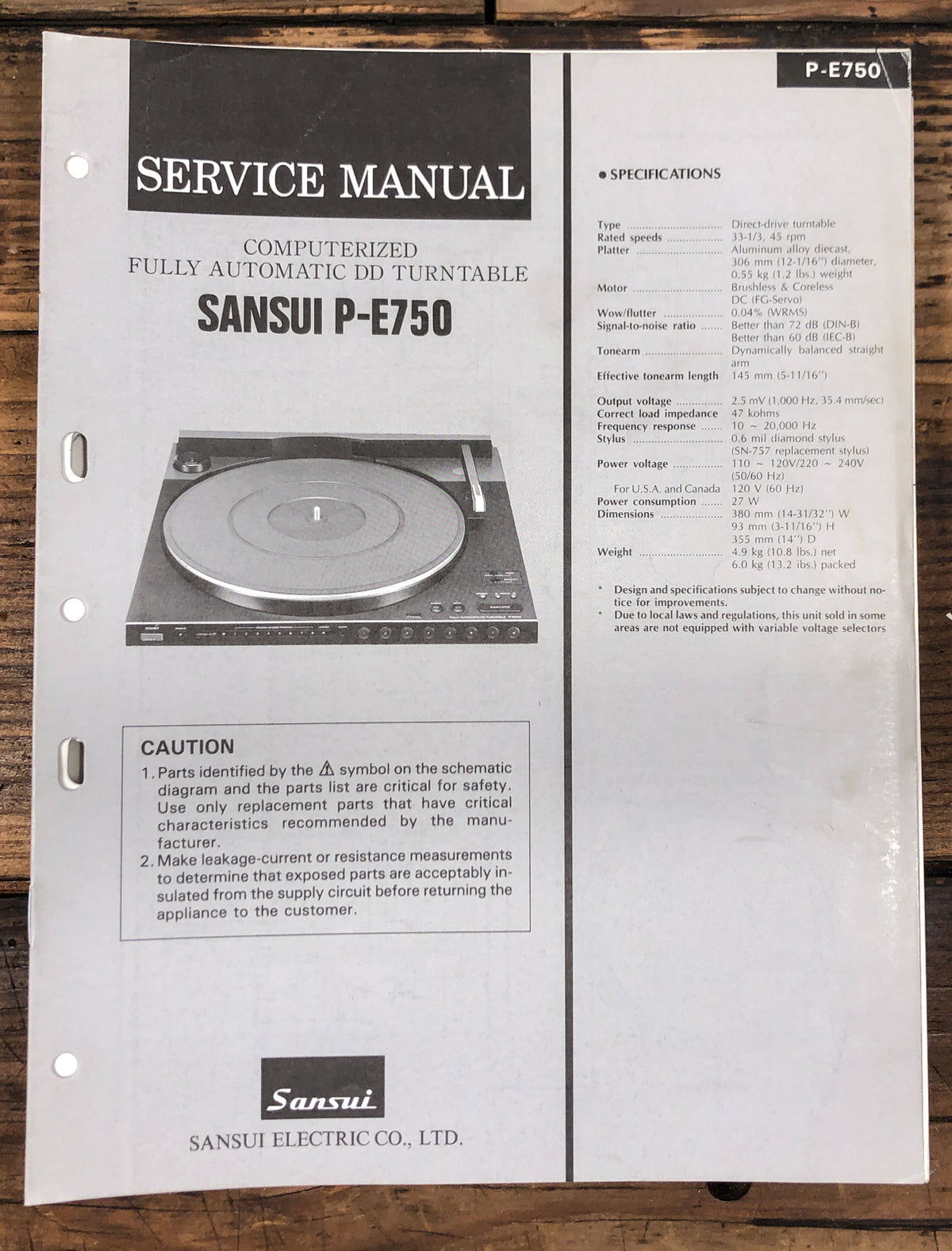 Sansui P-E750 Record Player / Turntable  Service Manual *Original*