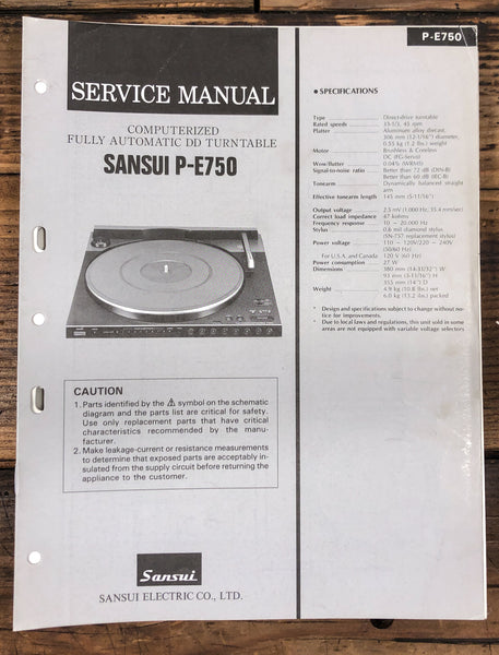Sansui P-E750 Record Player / Turntable  Service Manual *Original*
