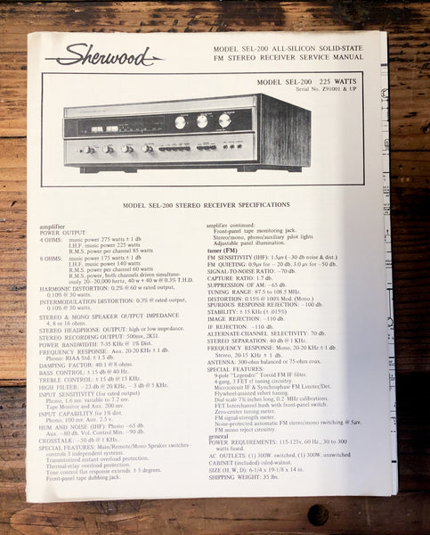 Sherwood SEL-200 Receiver  Service Manual *Original*