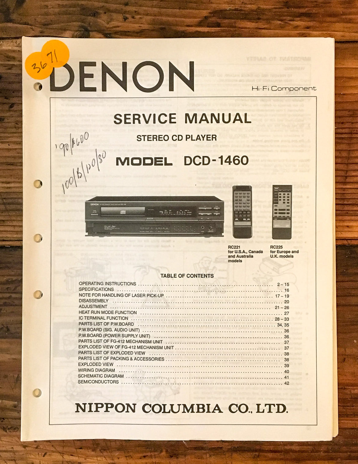 Denon DCD-1460 CD Player  Service Manual *Original*