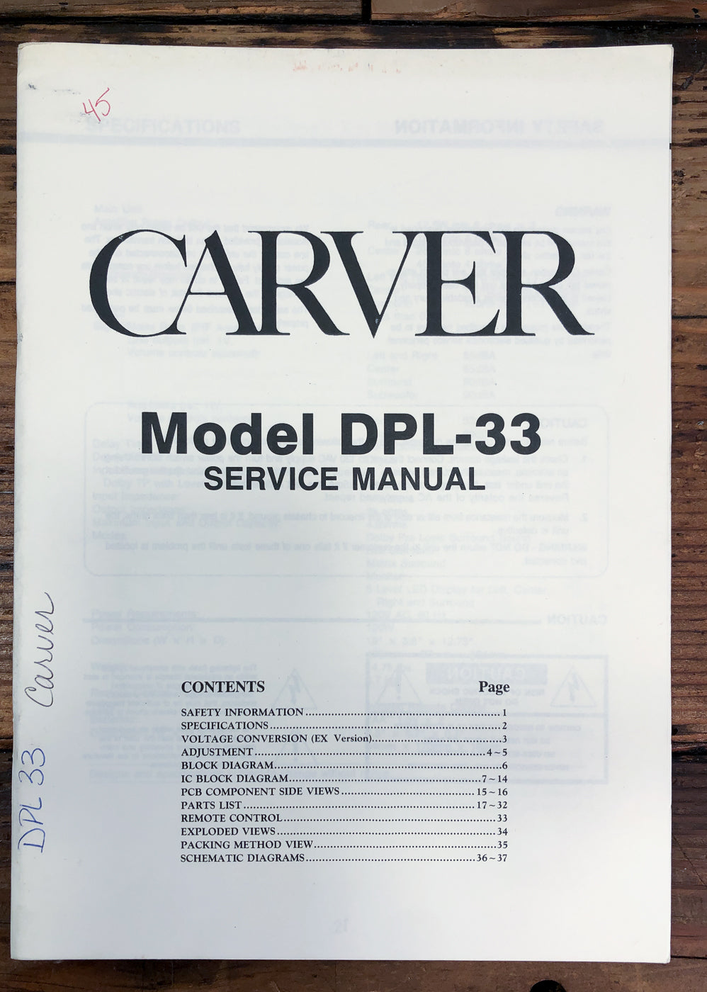 Carver DPL-33 Dolby Pro Logic Processor Service Manual *Original*