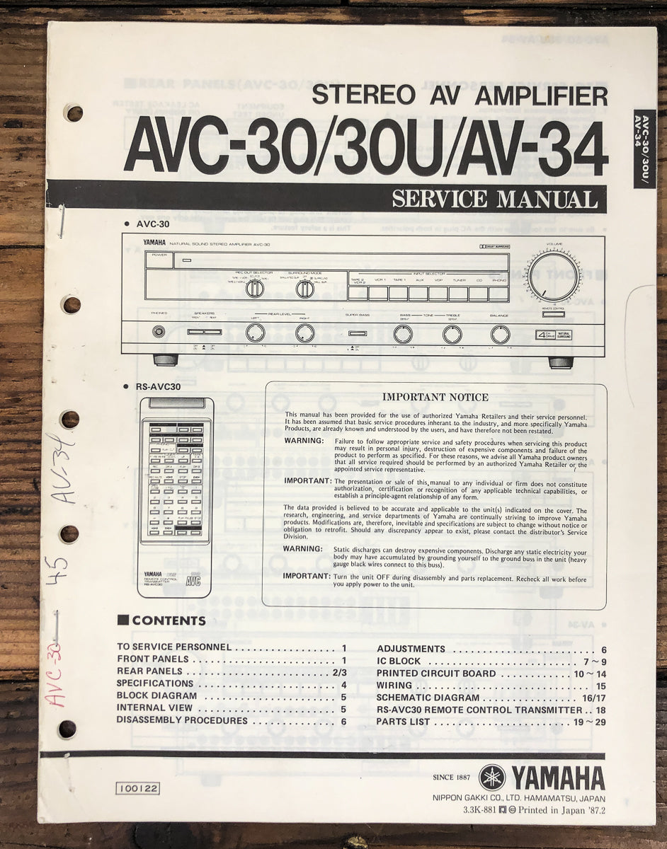 Yamaha AVC-30 AV-34 AV-30U Amplifier Owners / User Manual *Original*