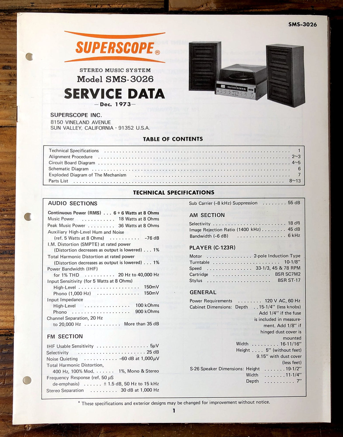 Superscope SMS-3026 Stereo Music System Service Manual *Original*