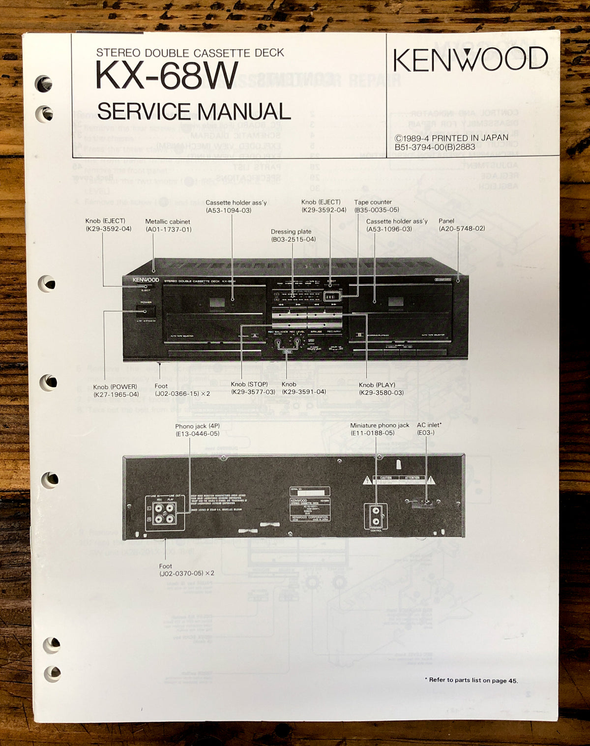 Kenwood KX-68W Cassette  Service Manual *Original*