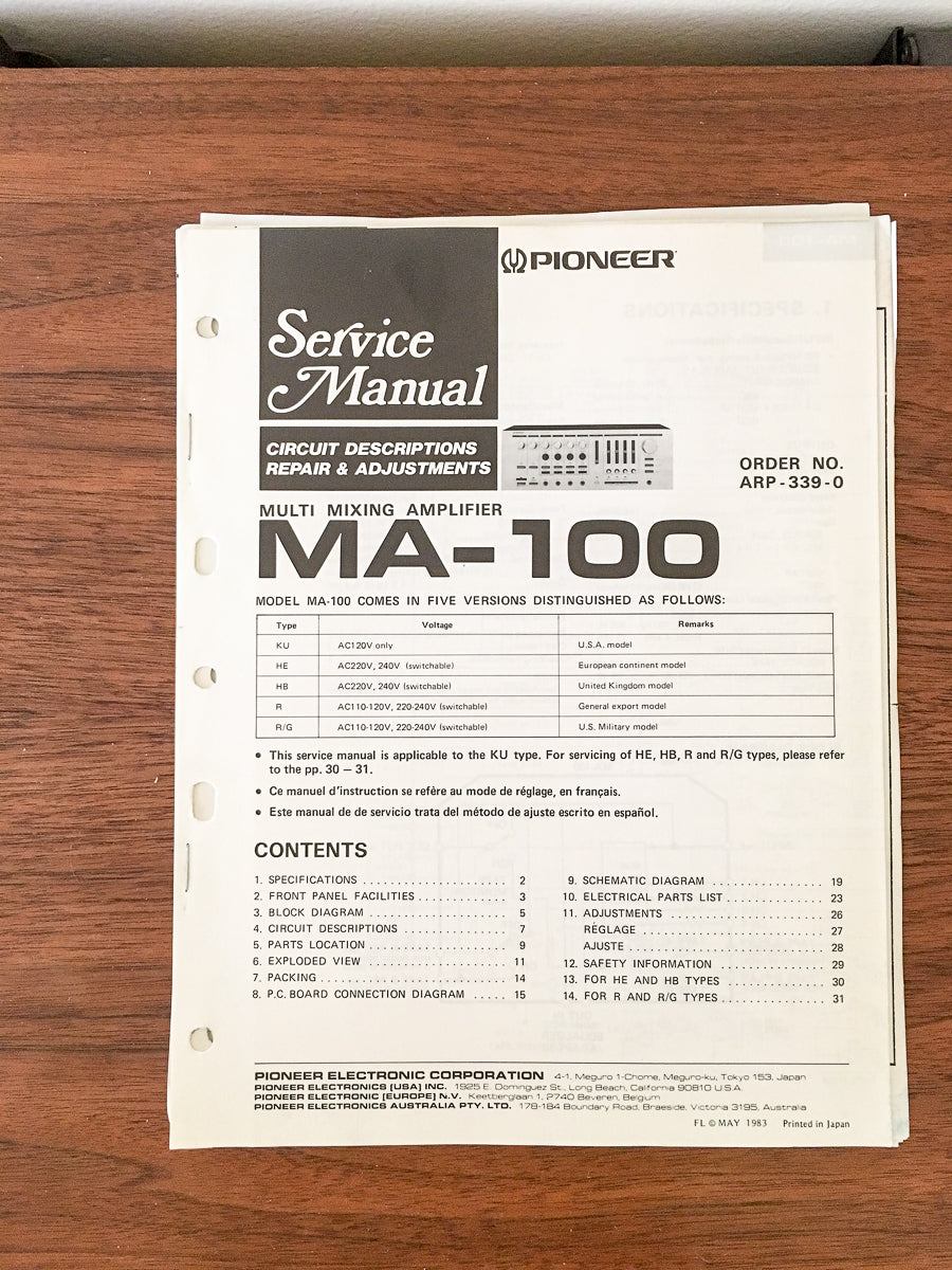 Pioneer MA-100 Amplifier Service Manual *Original*