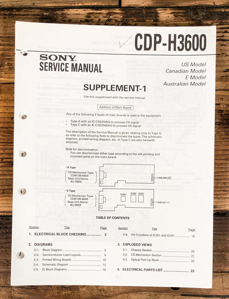 Sony CDP-H3600 CD Player Supp. Service Manual *Original*