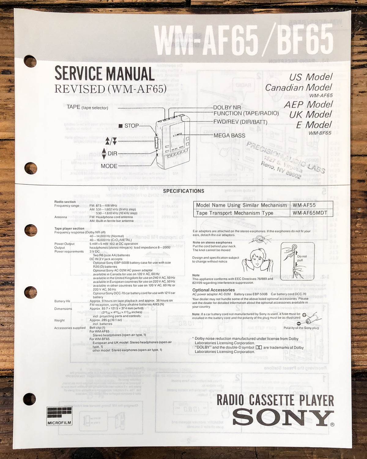 Sony WM-AF65 WF-BF65 Radio Cassette Service Manual *Original*