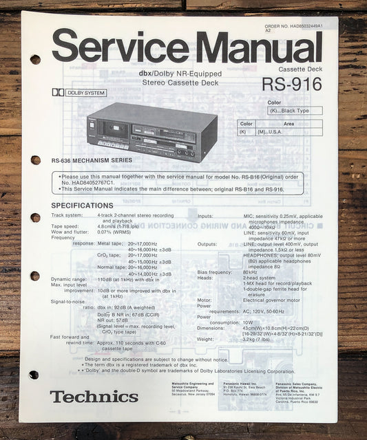 Technics RS-916 Cassette Service Manual *Original*