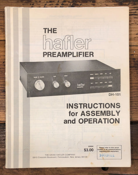 Hafler DH-101 Preamp / Preamplifier Assembly and Operation Manual  *Original*