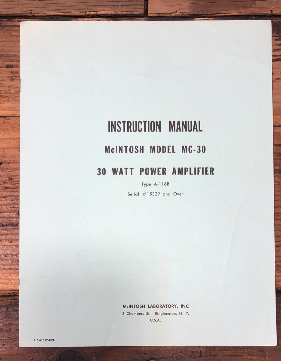 McIntosh MC-30 Serial 15329+ Amplifier Owners / User Manual *Original*