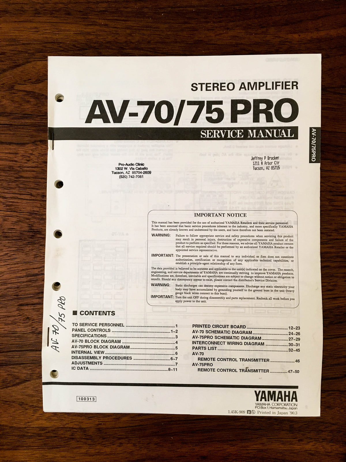 Yamaha AV-70 AV-75 PRO Amplifier Service Manual *Original*