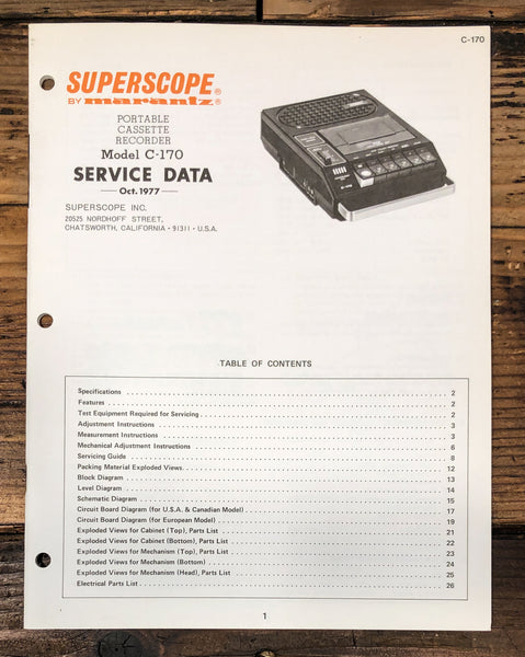 Superscope C-170 Portable Cassette Service Manual *Original*