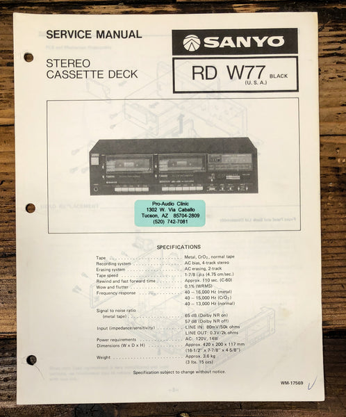 Sanyo RD W77 RD-W77 Cassette Service Manual *Original*