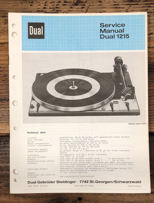 Dual Model 1215 Record Player / Turntable  Service Manual *Original* #1