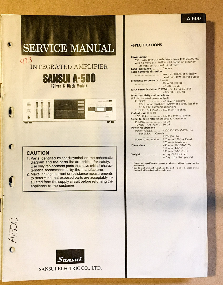 Sansui A-500 Amplifier Service Manual *Original*