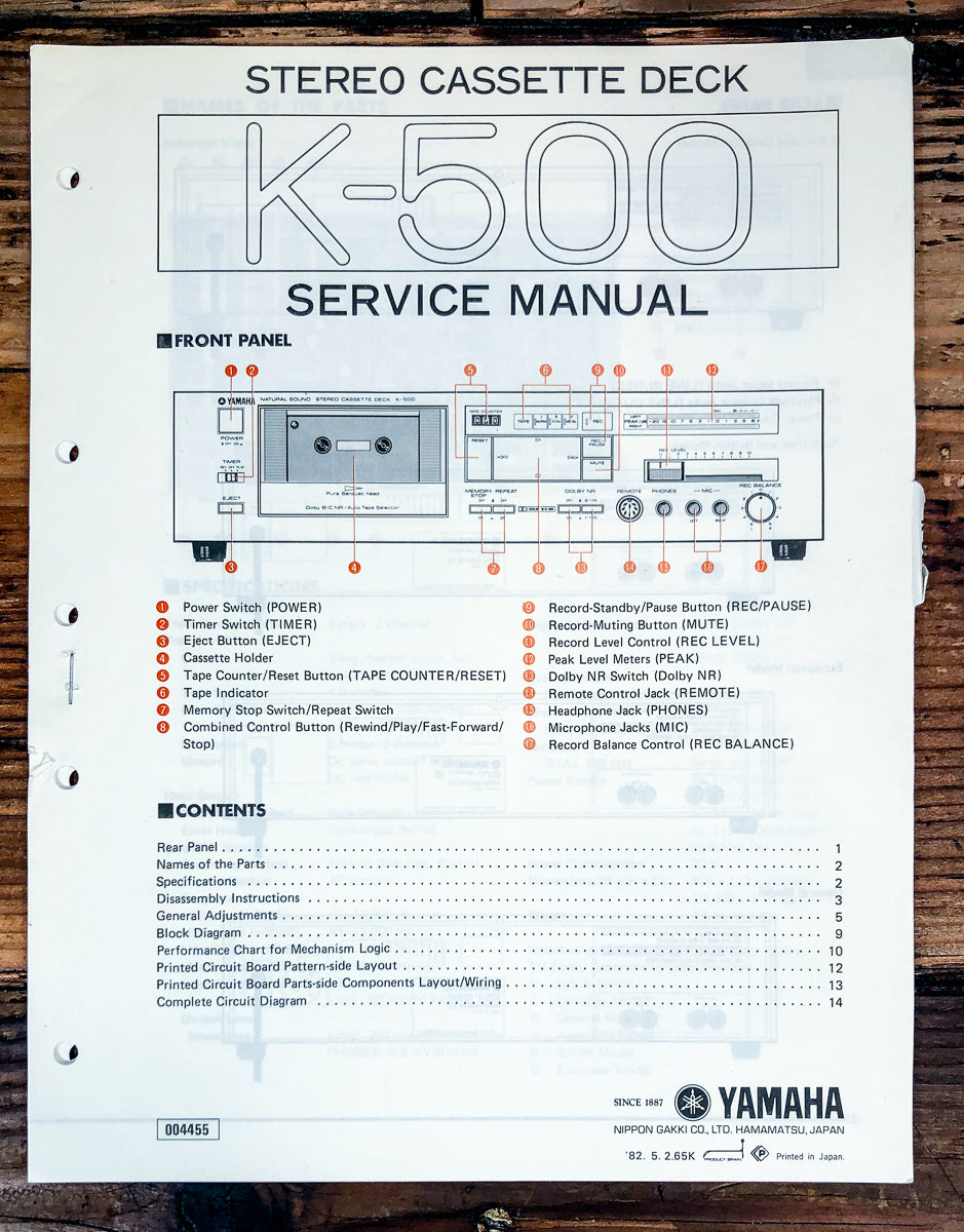 Yamaha K-500 Cassette Parts List Manual *Original*