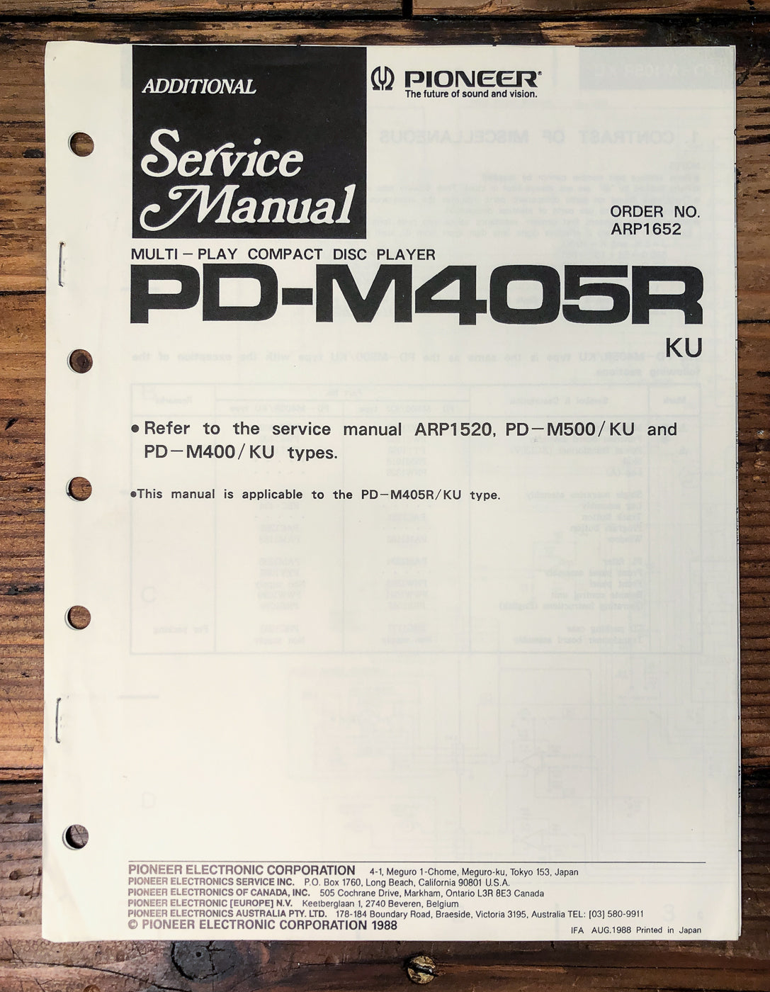 Pioneer PD-M405R CD Changer Supp. Service Manual *Original*