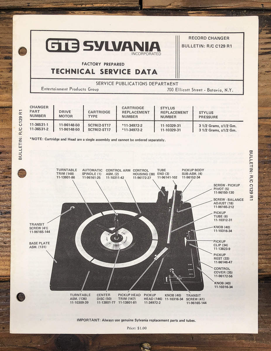 Sylvania / BSR  R/C Model C129 R1 Record Changer Service Manual *Original*