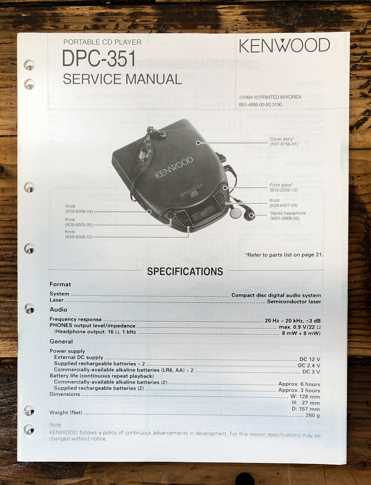 Kenwood DPC-351 CD Player  Service Manual *Original*