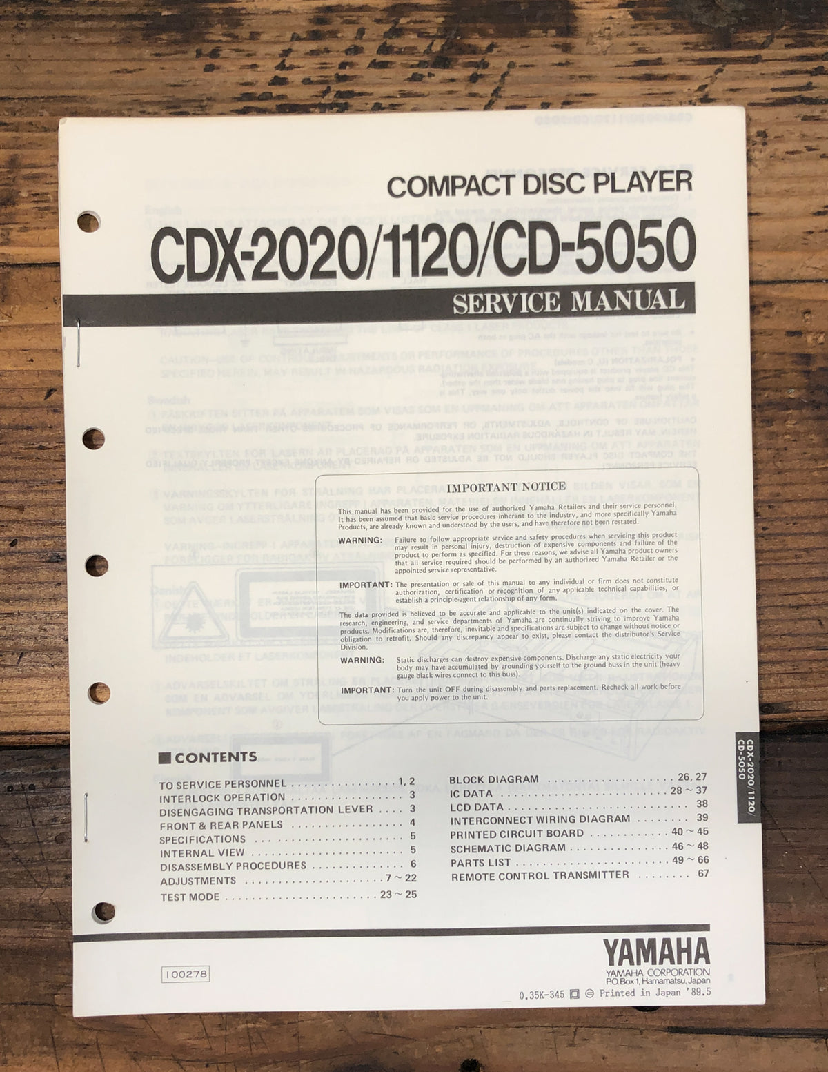 Yamaha CDX-2020 CDX-1120 CD-5050 CD PLAYER Service Manual *Original*