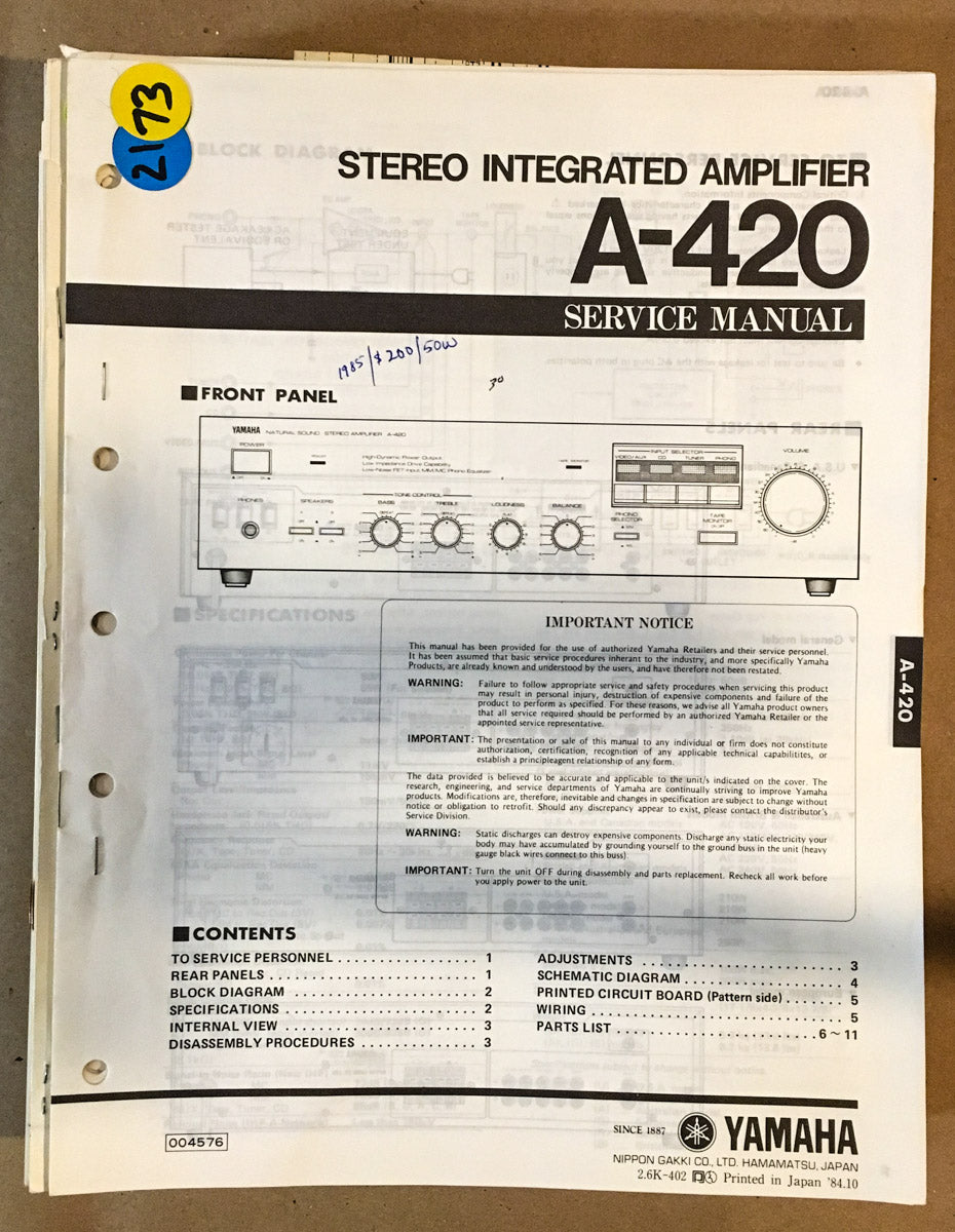 Yamaha A-420 Amplifier  Service Manual *Original*
