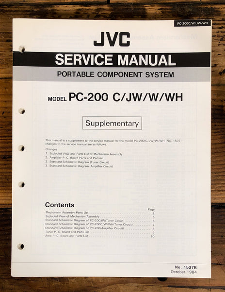 JVC PC-200 Stereo / Boombox Supp. Service Manual *Original*