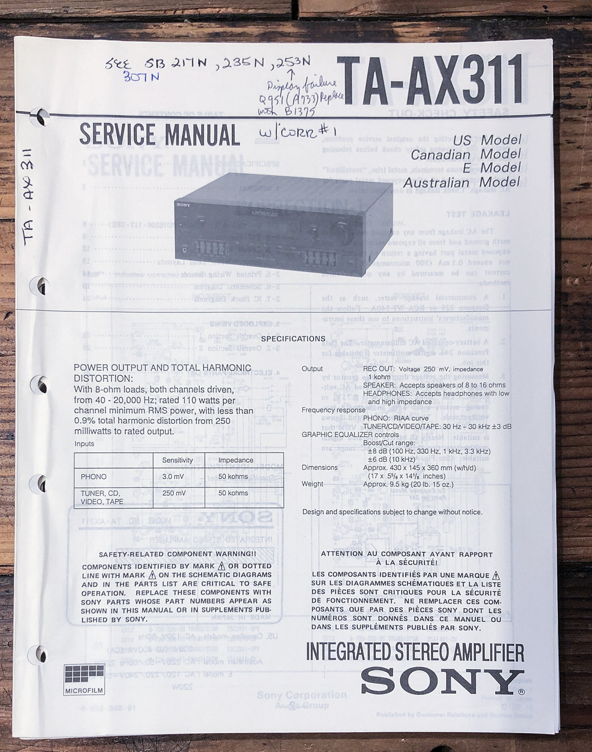 Sony TA-AX311 Amplifier  Service Manual *Original*