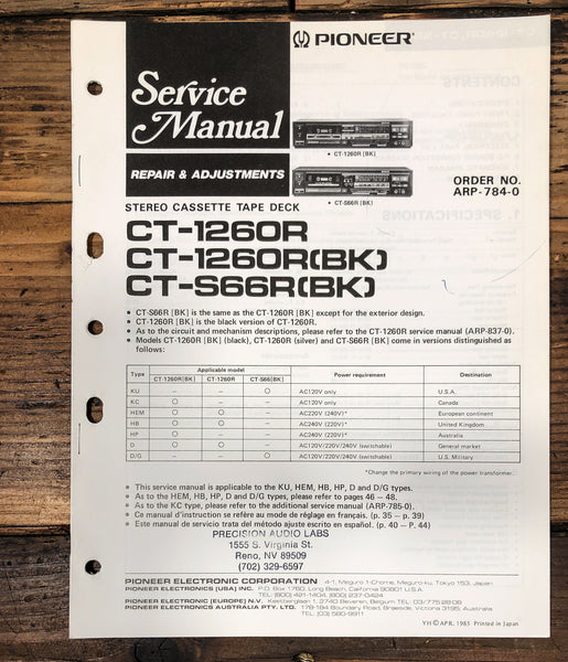 Pioneer CT-1260R CT-S66R Cassette Service Manual *Original*