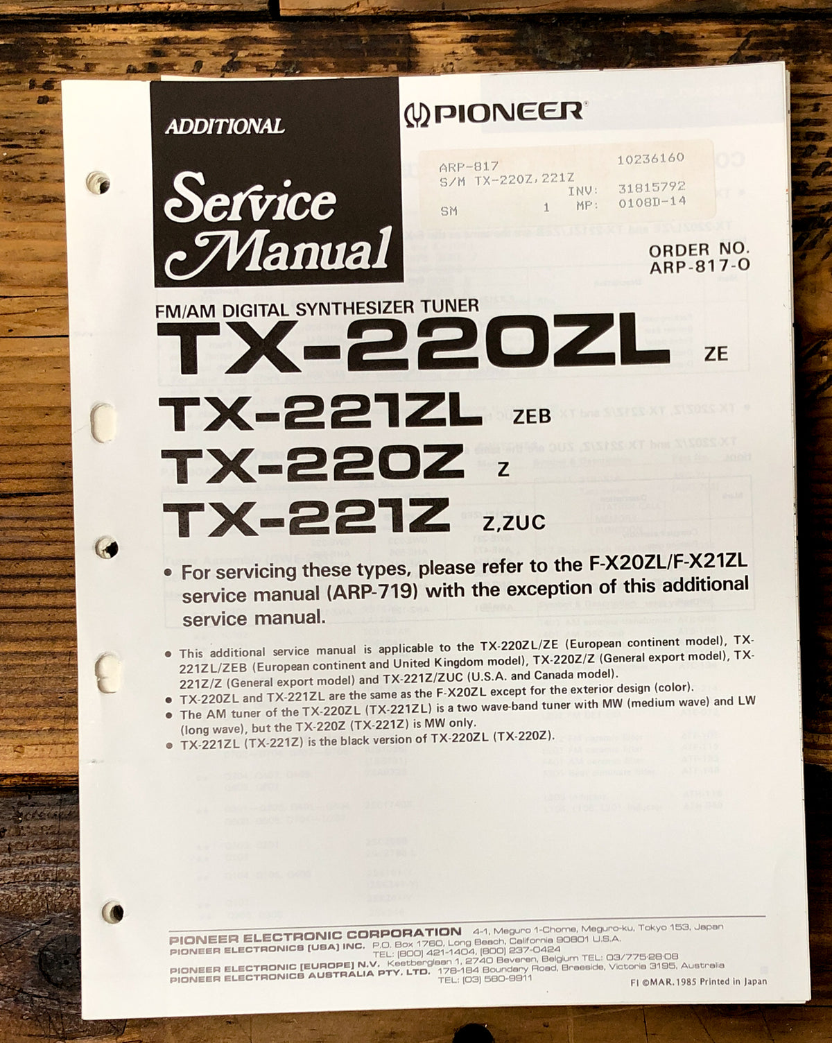 Pioneer TX-220ZL TX-221ZL TX-220Z TX-221Z Tuner Add. Service Manual *Original*