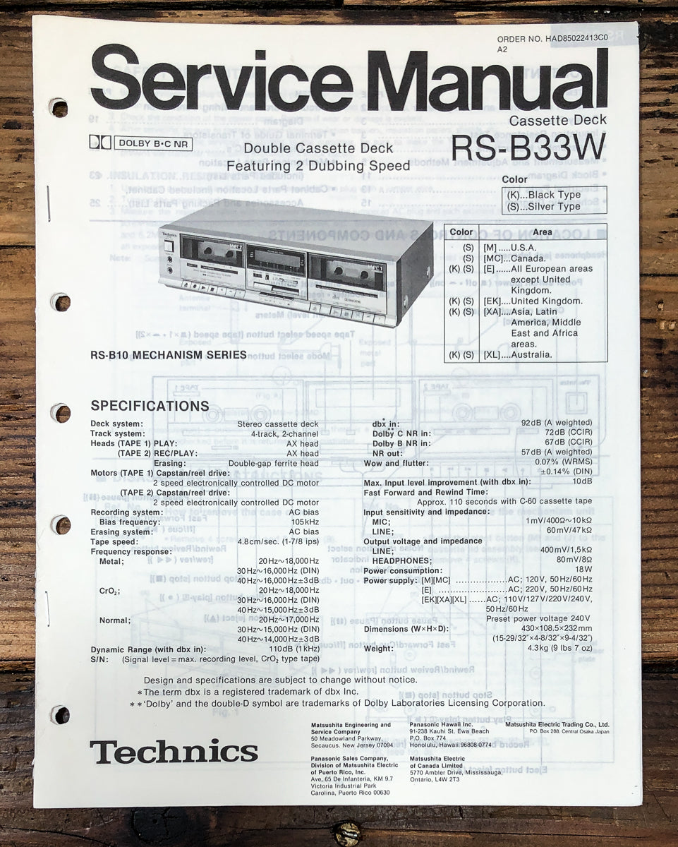 Technics RS-B33W Cassette Service Manual *Original*