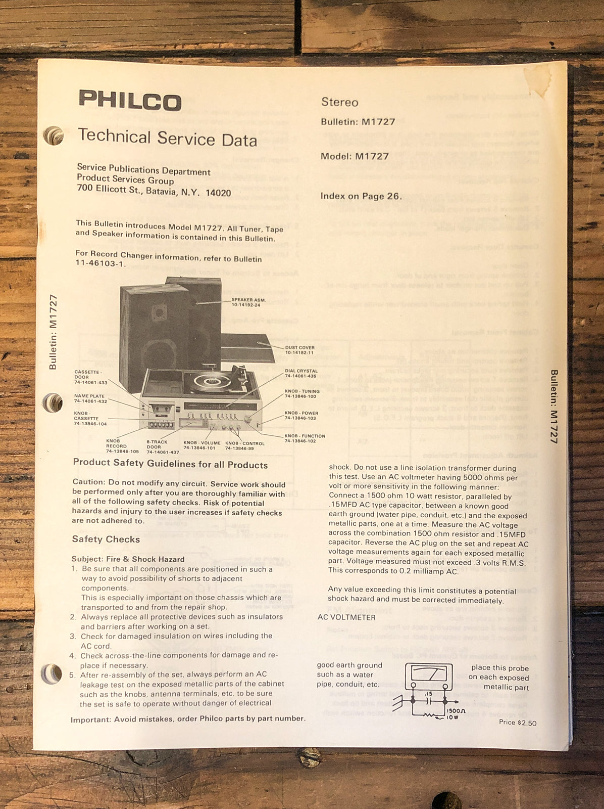 Philco Model M1727 Radio / Stereo  Service Manual *Original*