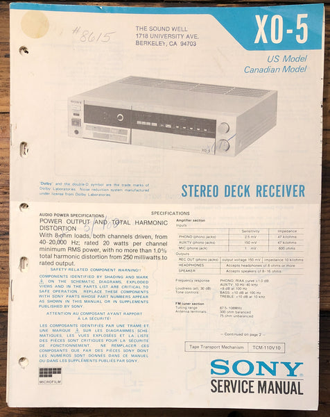 Sony XO-5 Cassette Receiver  Service Manual *Original*