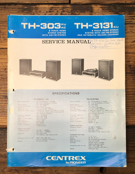 Pioneer TH-303 TH-3131 8 Track Stereo  Service Manual *Original*