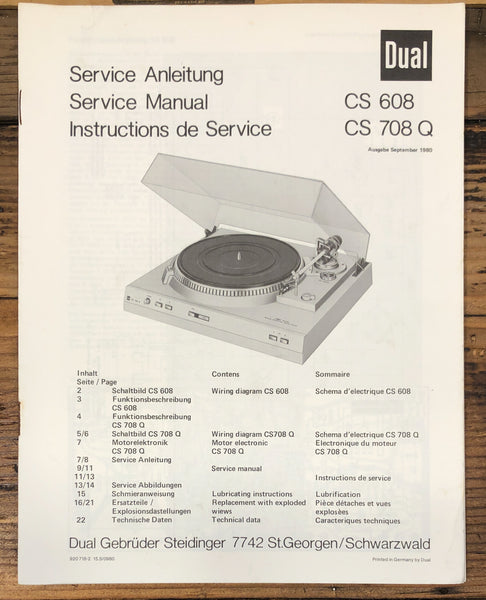Dual CS 608 CS 708 Q Record Player / Turntable Service Manual *Original*
