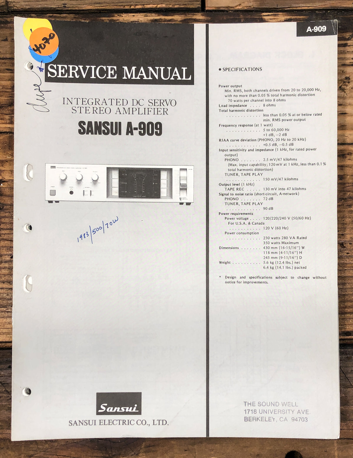 Sansui A-909 Amplifier Service Manual *Original*
