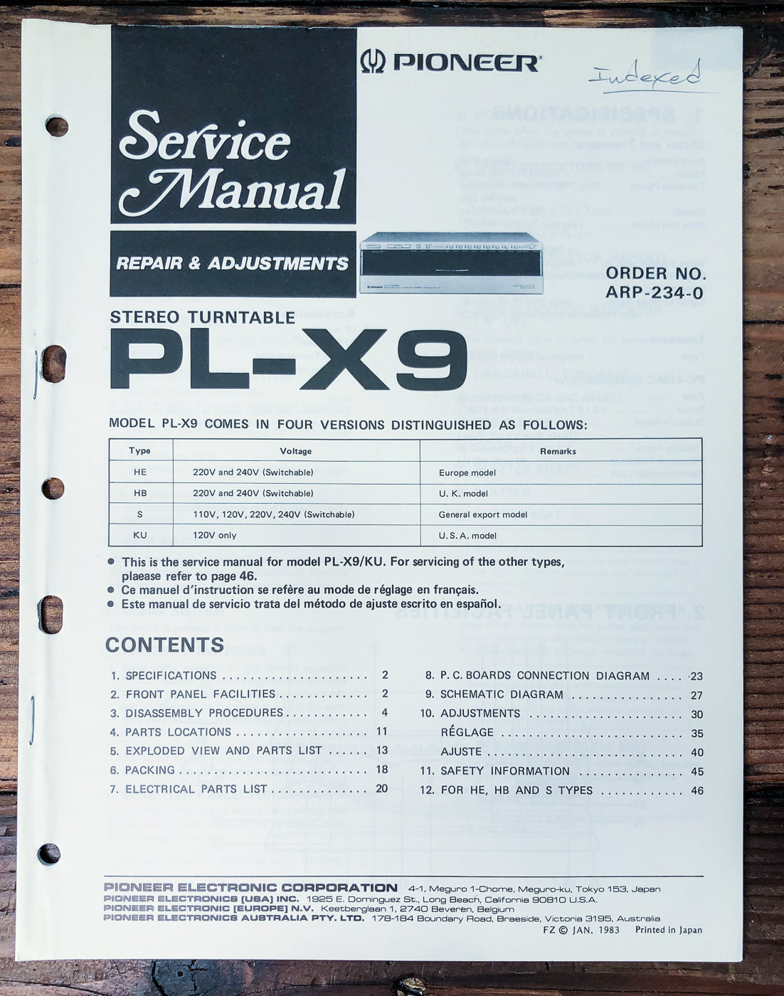 Pioneer PL-X9 Turntable Service Manual #1 *Original*