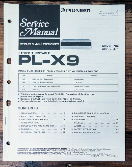 Pioneer PL-X9 Turntable Service Manual #1 *Original*