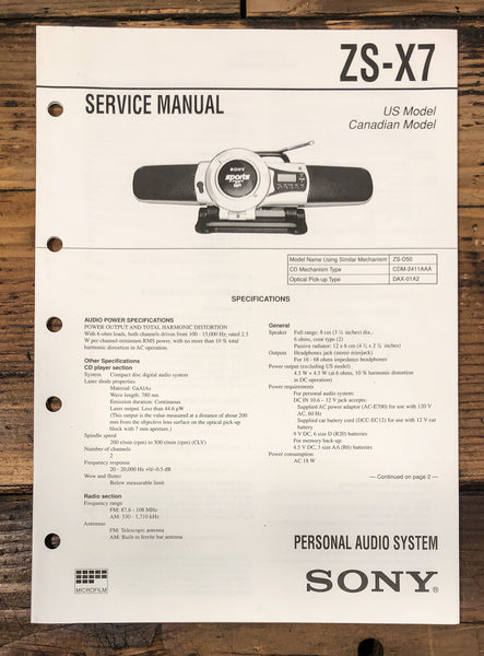 Sony ZS-X7 Stereo Service Manual *Original*