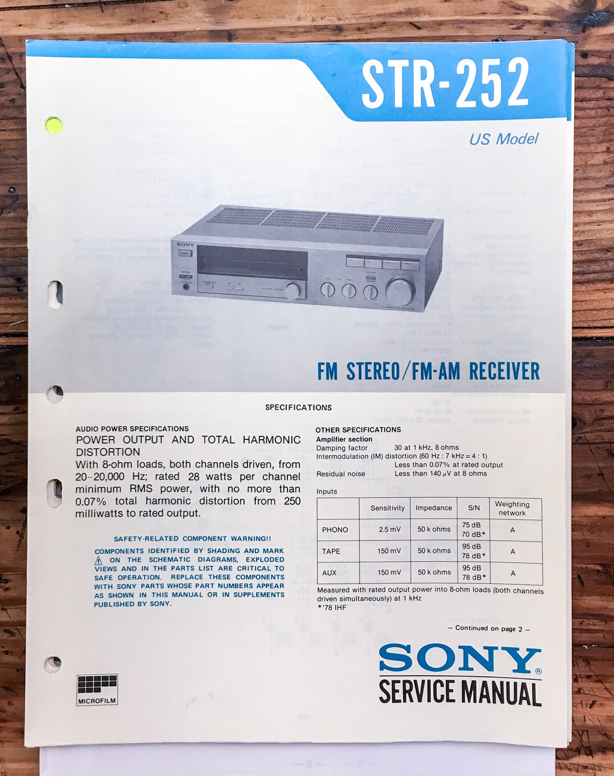 Sony STR-252 Receiver  Service Manual *Original*