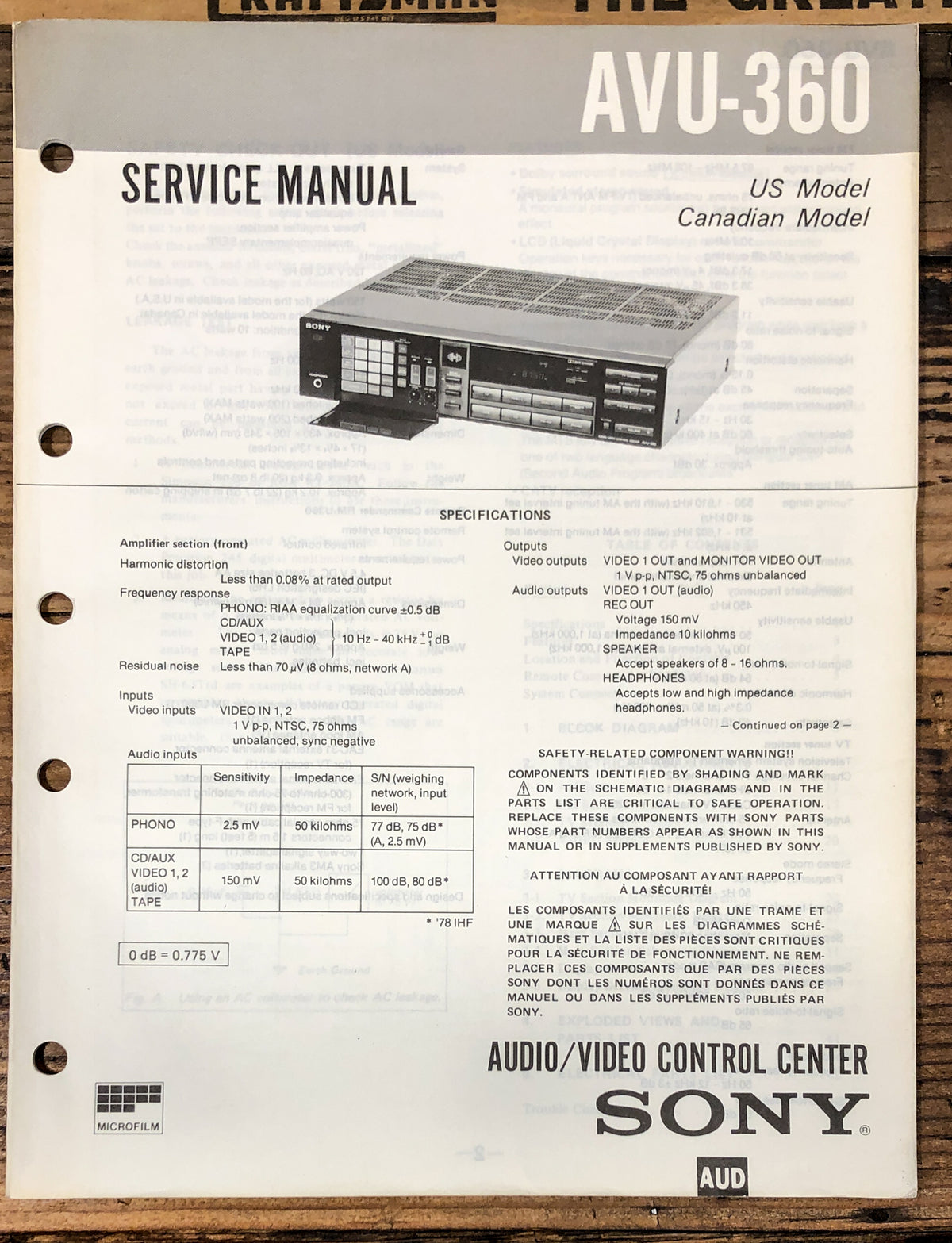 Sony AVU-360 AV Control Center  Service Manual *Original*